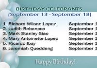 Birthday Celebrants from September 13 to September 18